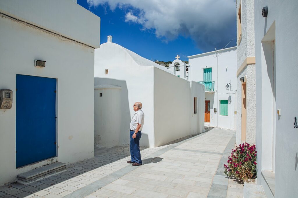 White greek church in the village of Lefkes in Paros island, Greece